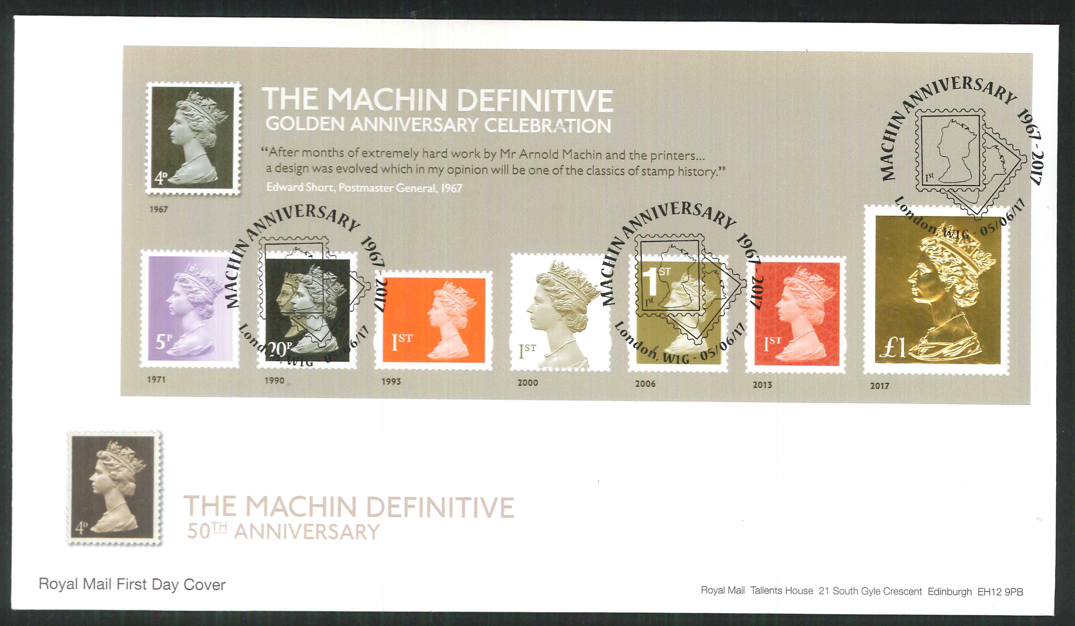 2017 - First Day Cover Machin Mini Sheet Gold London W1GPostmark